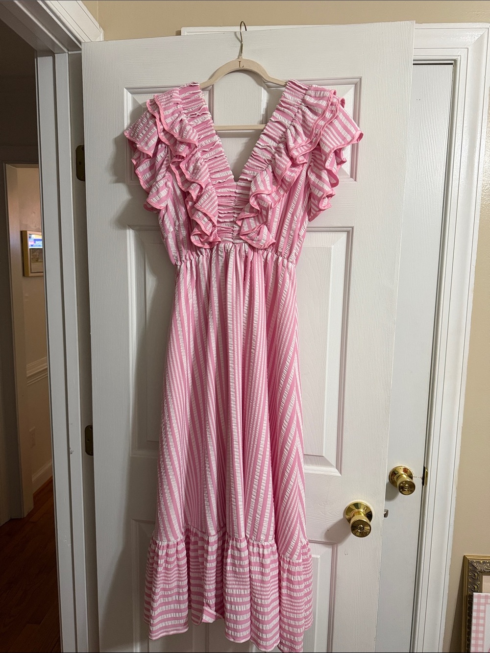 Umgee Pink & White Striped Ruffle Midi Dress with V-Neck